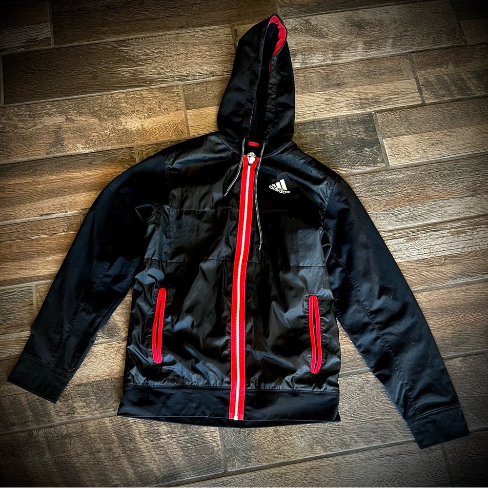 Adidas black with red trim hooded track Jacket M